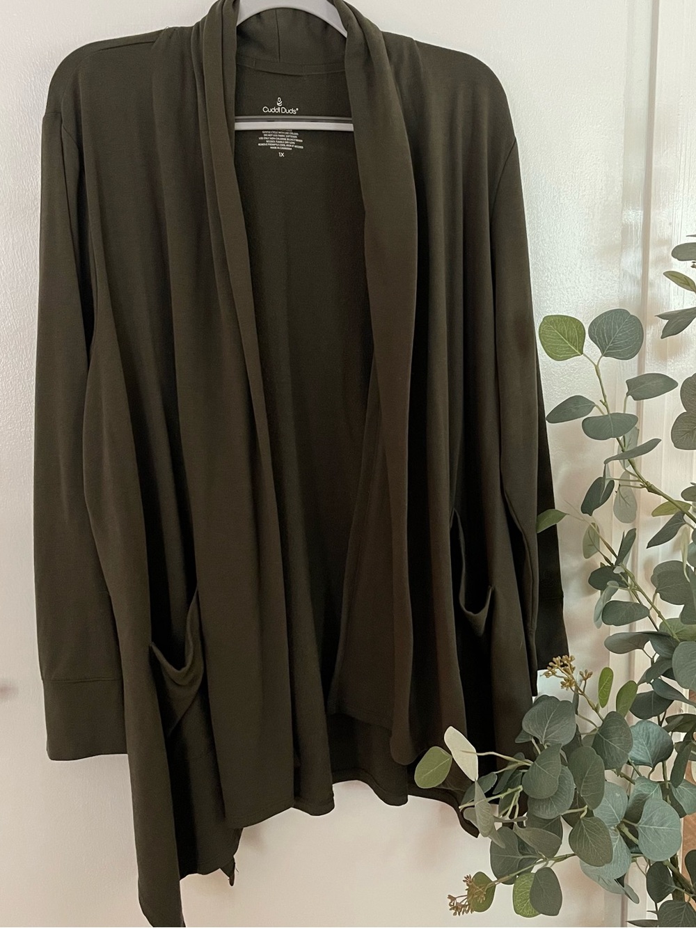 Cuddl Duds Olive Open-Front Draped Cardigan